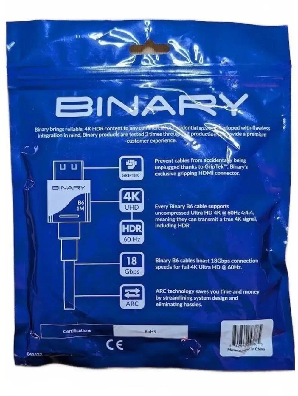 Binary B6 Series 4K Ultra HD Premium Certified HDMI Cable with GripTek - 1m